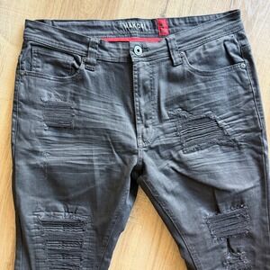 Makobi M1780 Mens Distressed Biker Jeans Faded Black Moto Ripped Denim 36x34